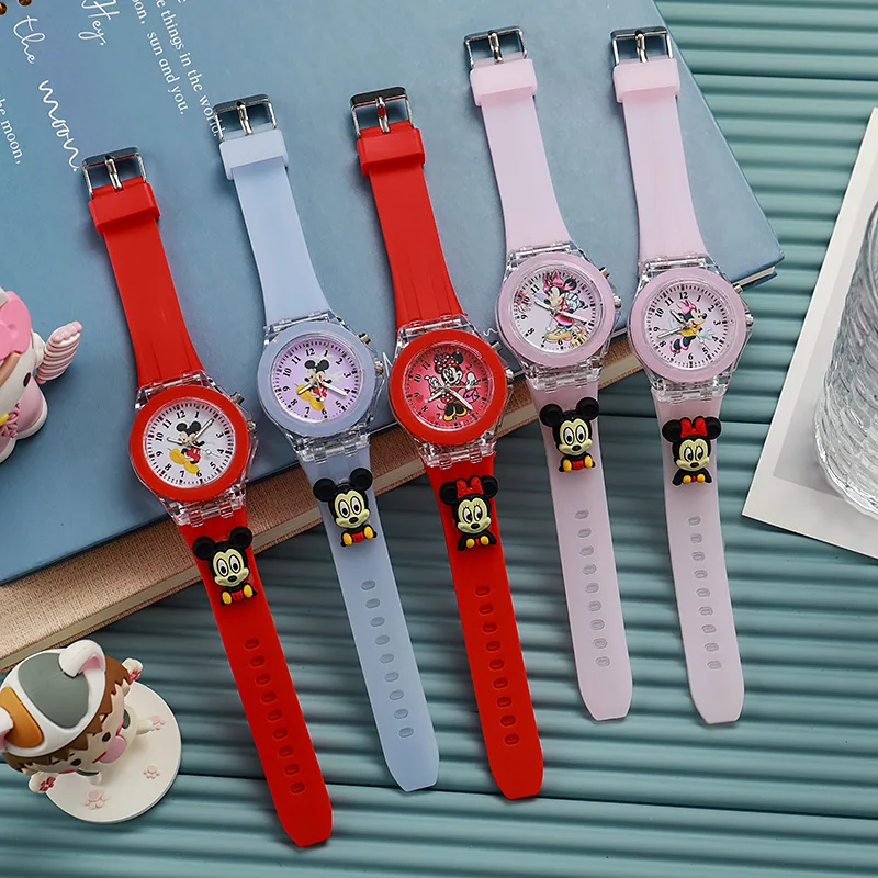 Disney Minnie Mickey Mouse Kids Cute Wristwatch Figurines Luminescent Boys Girls Wrist Watch Lovely Fashion Birthday Party Gifts