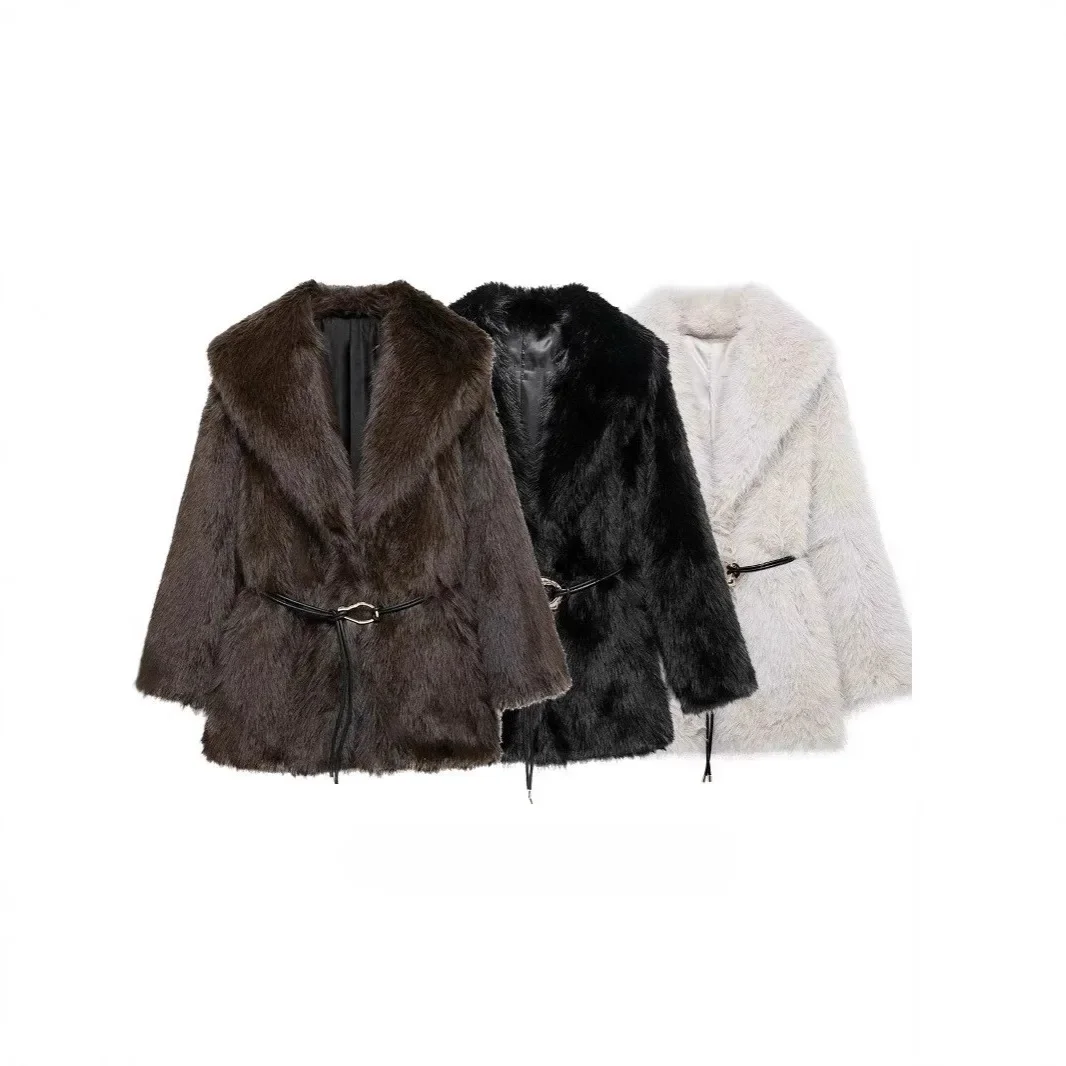 

Зимнее женское пальто из искусственного меха с поясом, однотонное женское пальто с воротником с лацканами, элегантная пушистая женская куртка из искусственного меха средней длины