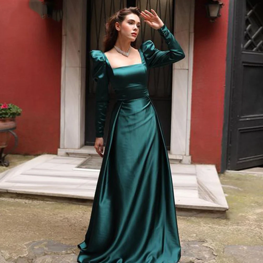 

Emerald Green Square Collar Arabia Satin Evening Dresses for Womens Formal Cap Sleeves Girls Princess Prom Celebrity Party Gown