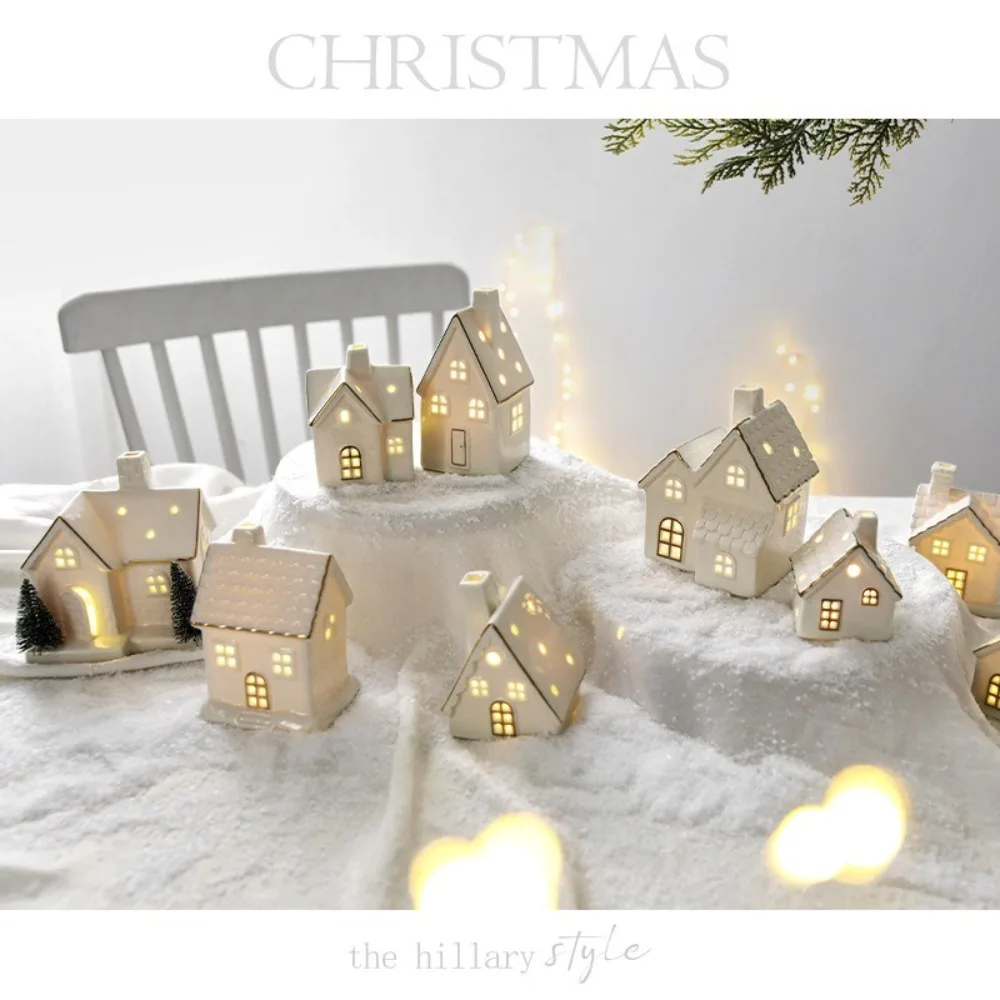 LED Light Up Christmas Village Houses Ceramic White House Figurines with Christmas Trees Porcelain Village House Holiday Decor