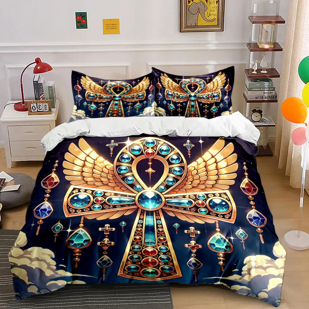 

3pcs Golden jeweled cross with wings Duvet Cover Set with 3D Printing Design Soft Polyester Bedding Set All-Season Comfort