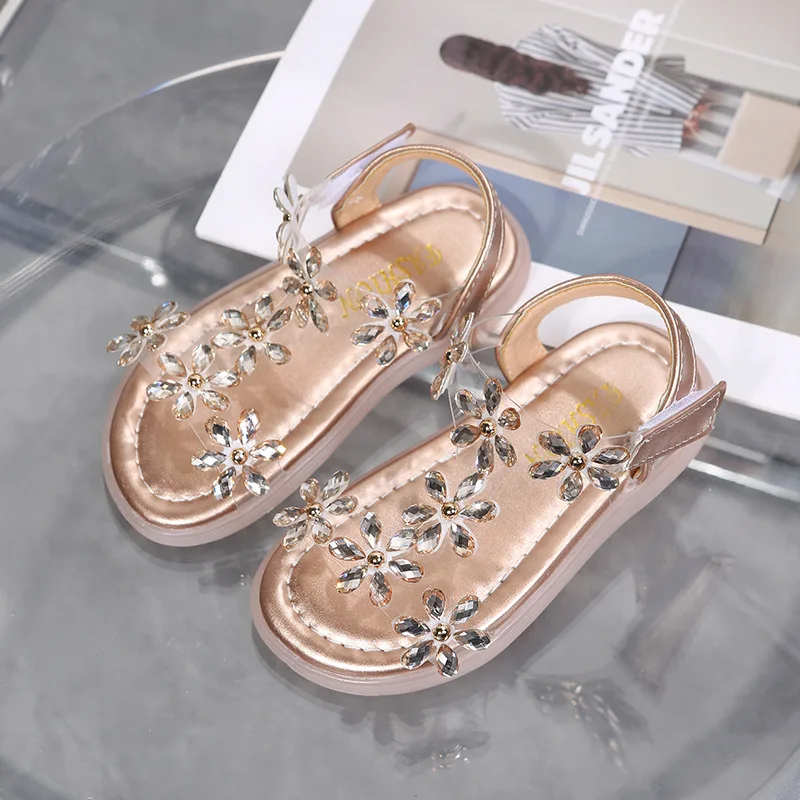 Baby Girl Sandals Crystal Bling Diamond Flower Princess Dance Shoes 2021 Summer Small Big Kids Party Shoes1-3-4-6-7-12 Years Old