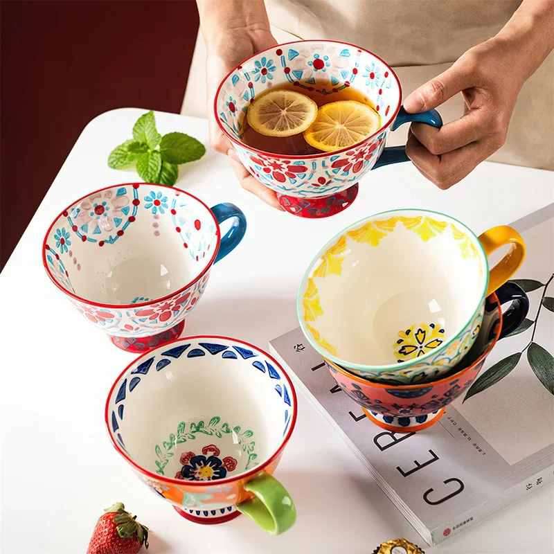 Ceramic Coffee Cup Bohemian Flower Hand Painted INS Breakfast Cup High Capacity 420ML Tea Mug Water Ware  Kitchen Dining Bar