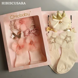 4Pcs/Set Infant Gift Box Lace Flower Bows Girl Headband Socks Sets Crown Stars Newborn Hair Pins Accessories Present Package