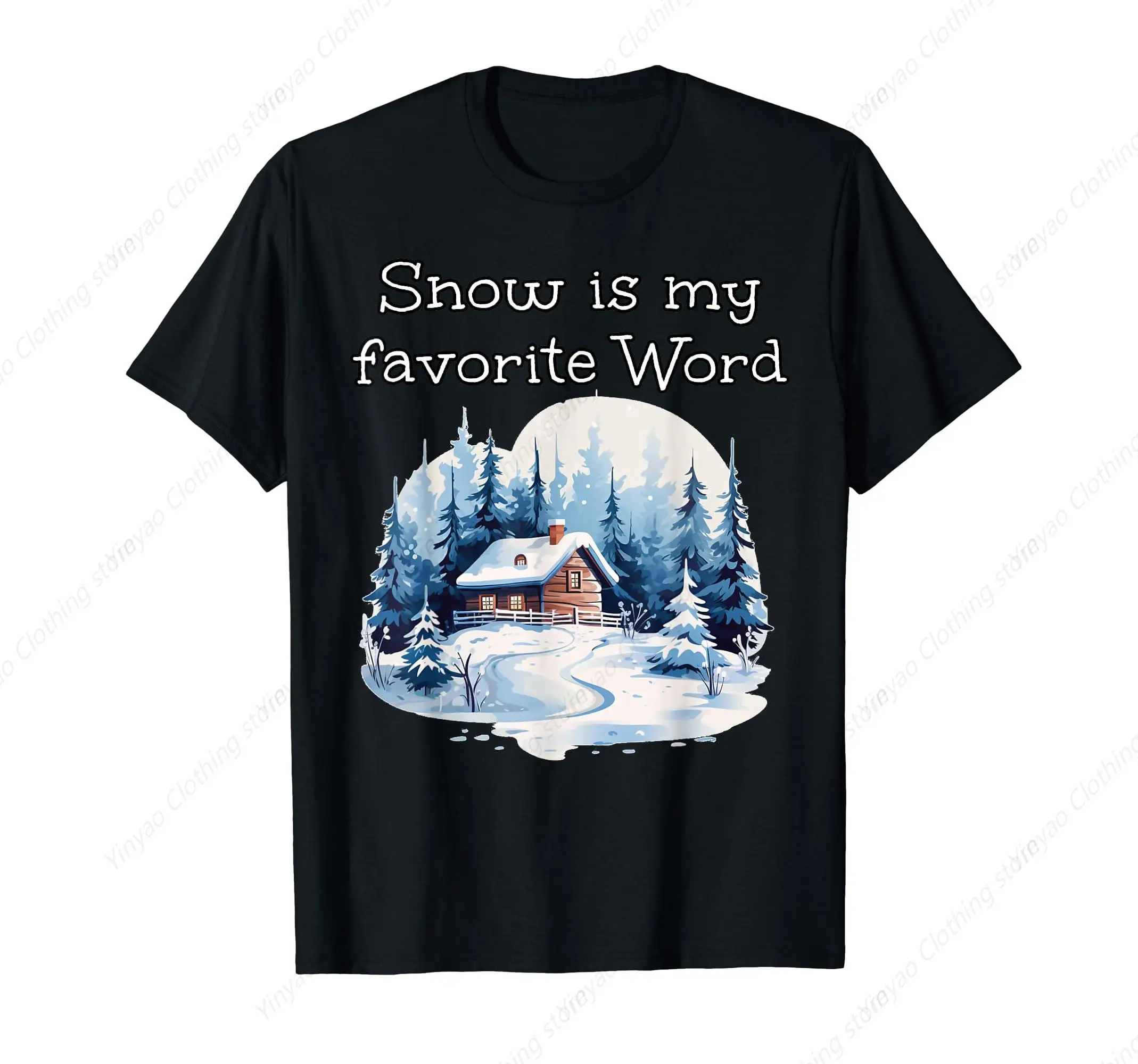 Snowy wooden house landscape enthusiasts T-shirt for men and women casual daily gift short sleeved cotton top