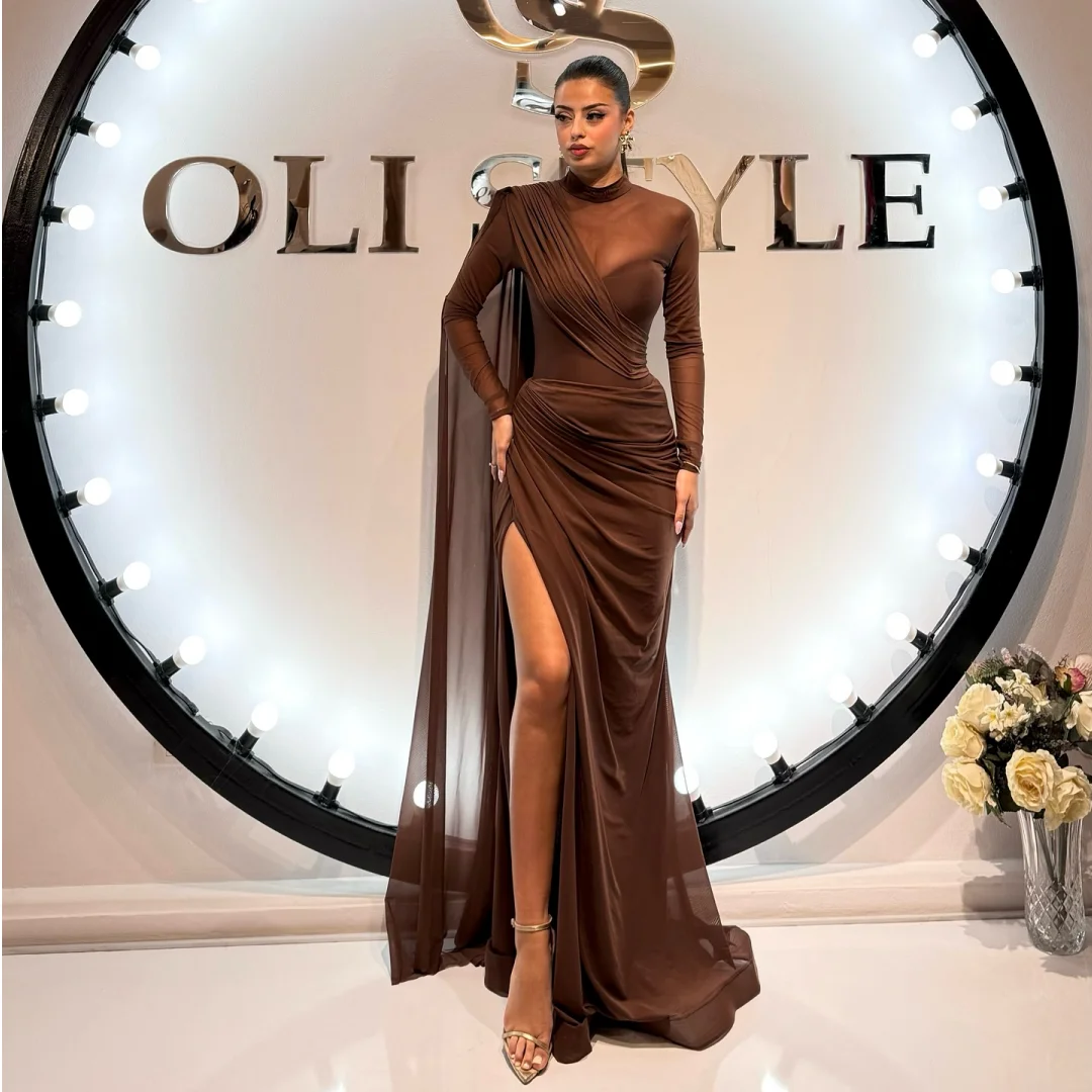 

Transparent Long Sleeve Evening Dresses Exquisite Side Slit Maxi Gown with Wrap Wedding Party Dress Customized Elegant Vestidos