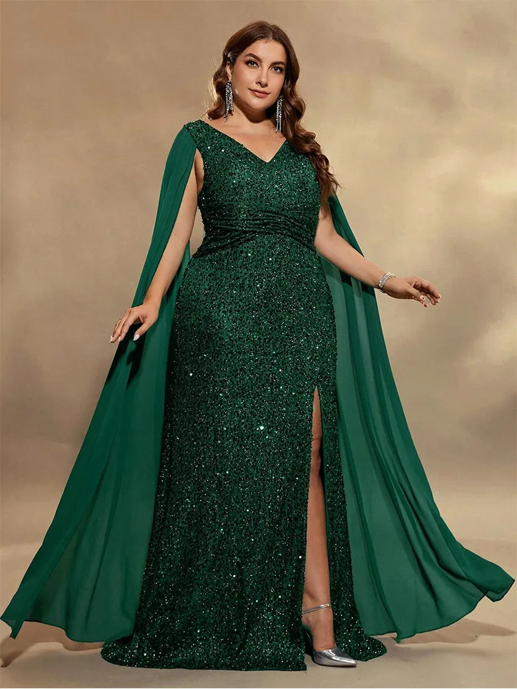 Plus Size V-Neck Sleeveless Chiffon Cape Sequin Floor-Length Evening Dress 5xl6xl Luxury Multi-Color Big SIze Evening Dress