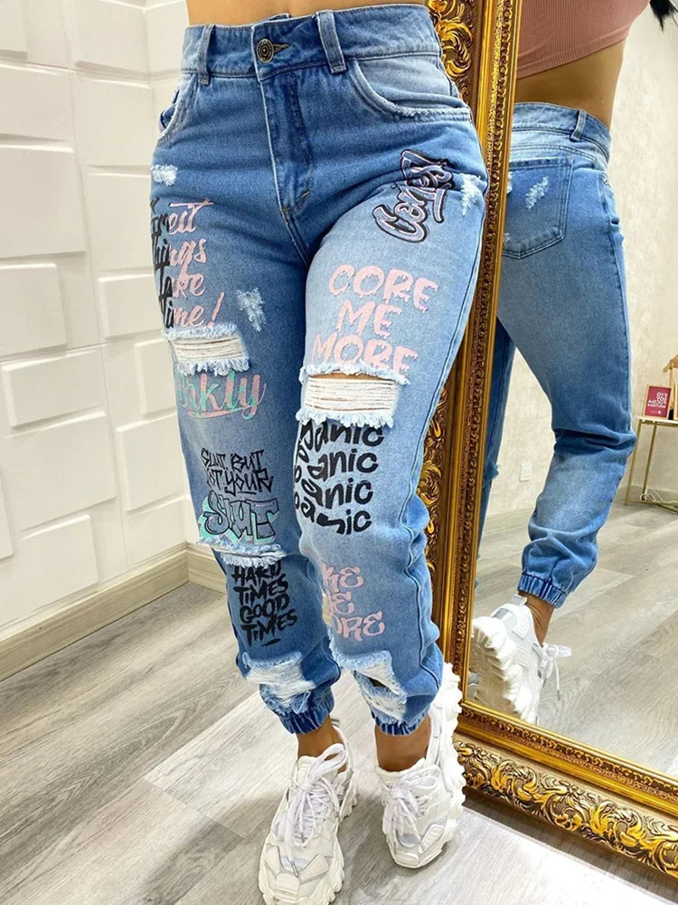 2023 New Letter Print Slant Pocket Ripped Jeans Casual Jeans Women