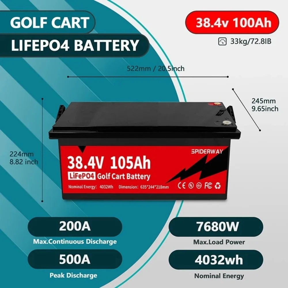 

36V(38.4V) 105A LiFePO4 Battery for Golf Cart Solar Off-Grid 200A BMS 6000+ Cycle 9.68kW