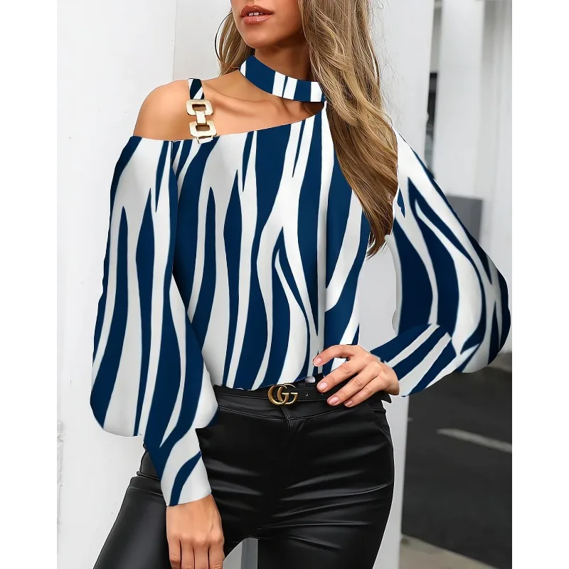 Herbst lässig lange Laterne Ärmel eine Schulter Kette lose T-Shirt Bluse Streetwear elegante Frauen Shirt Top y2k ins Kleidung