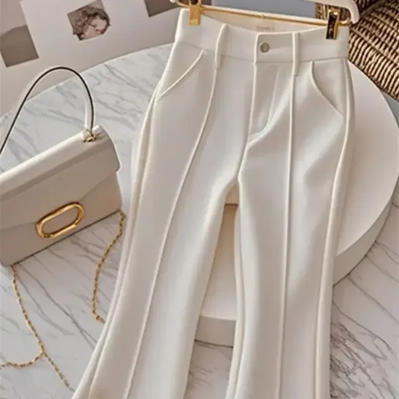 New Luxury Slim Women\'s Pants High End Fashion Design Buttons Elegant White Flare Trousers High Waist Office Lady Pants Clothing