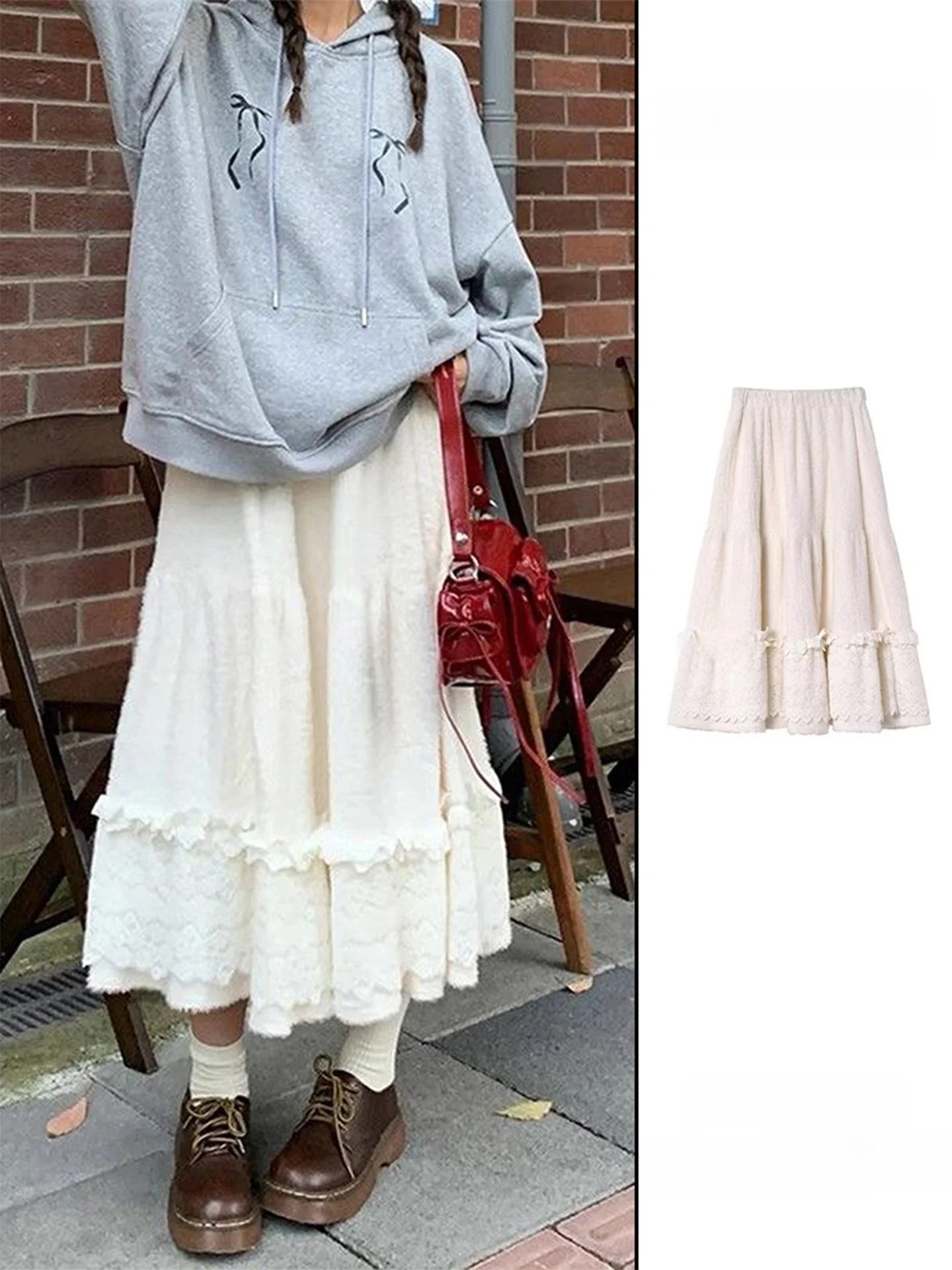 

Мягкая белая юбка-кейк с кружевными вставками, свободная, А-силуэта, длинная, женская, осенне-зимняя, новая, с высокой талией, на подкладке.