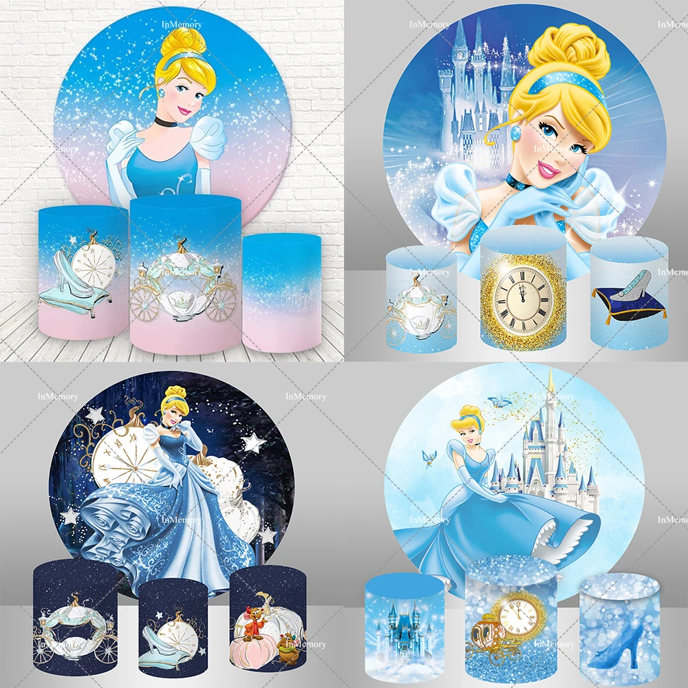 

Princess Cinderella Girl Birthday Round Circle Backdrops Cover Blue theme Castle Photo Background Party Decoration Supplies