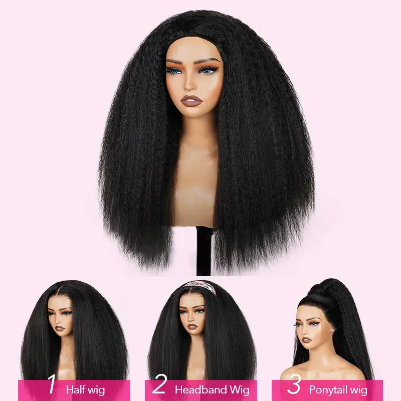 38 Inch Kinky Straight Half Wig Human Hair Full Machine Made Wig Human Hair Ready To Wear 3 IN 1 Half Wig Drawstring Yaki Straight Half Wig