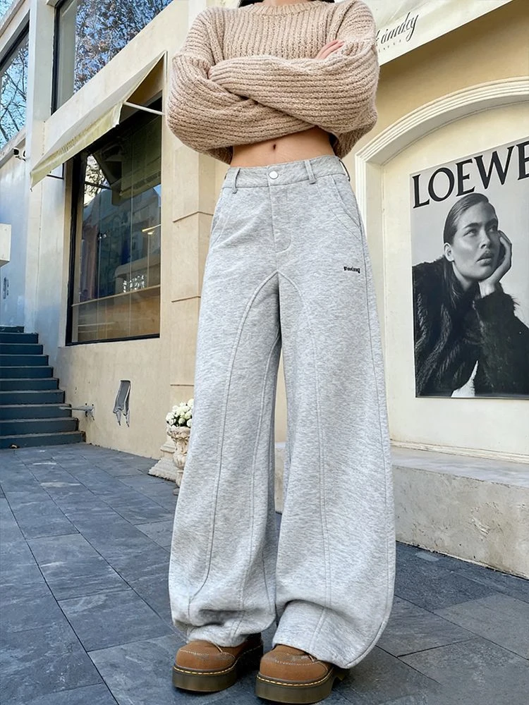Y2K-pantalones Retro americanos para mujer, traje estilo cintura para correr, pierna ancha gruesa, corte de guadaña, ropa de calle informal, pantalones de pierna ancha versátiles