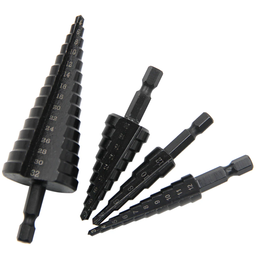 3PCS Hexagonal Shank Straight Groove Black Gold Step Drill Bit 3-12/4-12/4-20/4-32mm Reaming Step Drill Tower Drill Tool Set