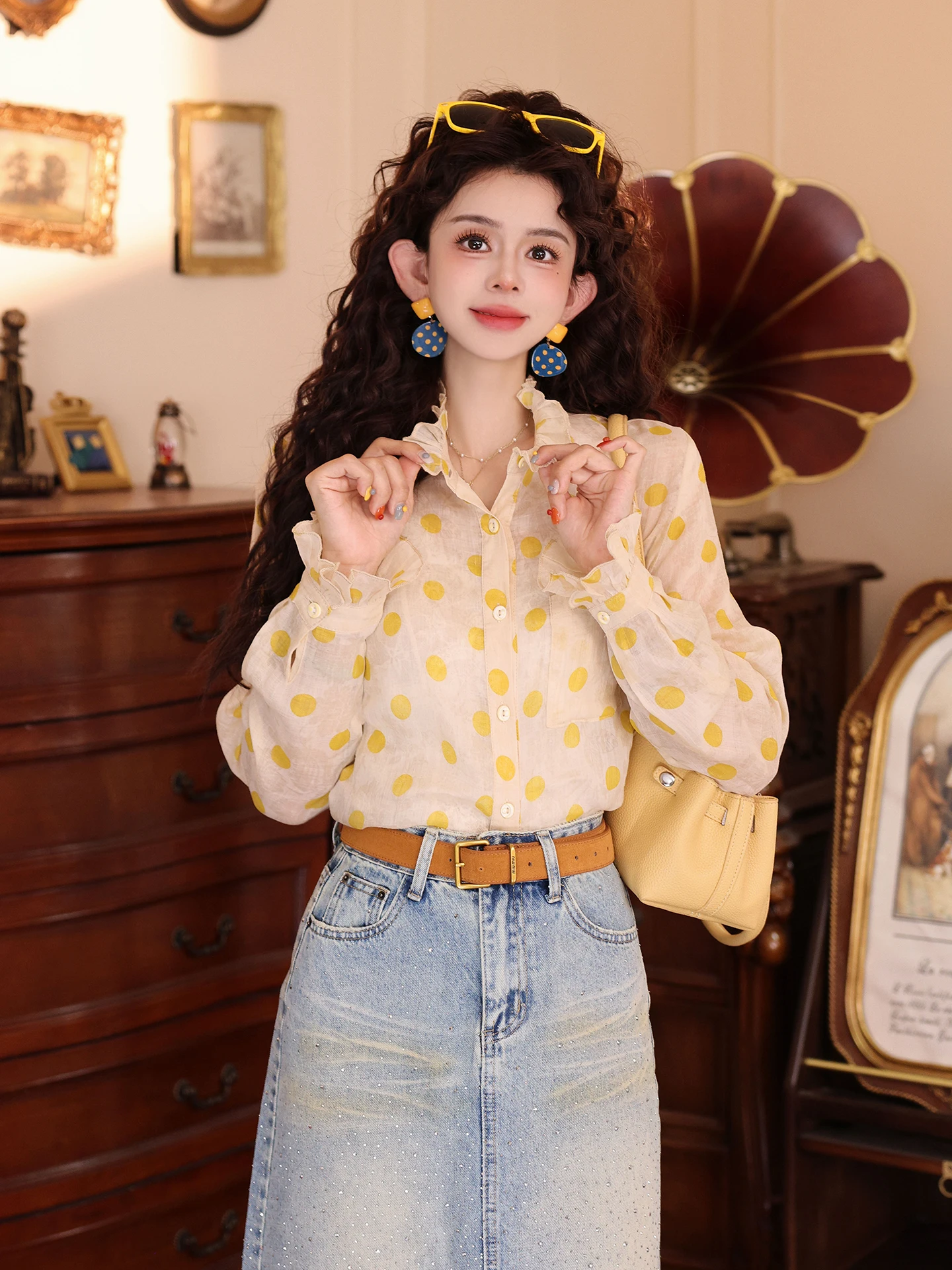 

Chen Jiajie Beach Residual Temperature Early Spring Faionable Polka Dot Women's Loose Slimming irt Vintage Sle Cotton L...