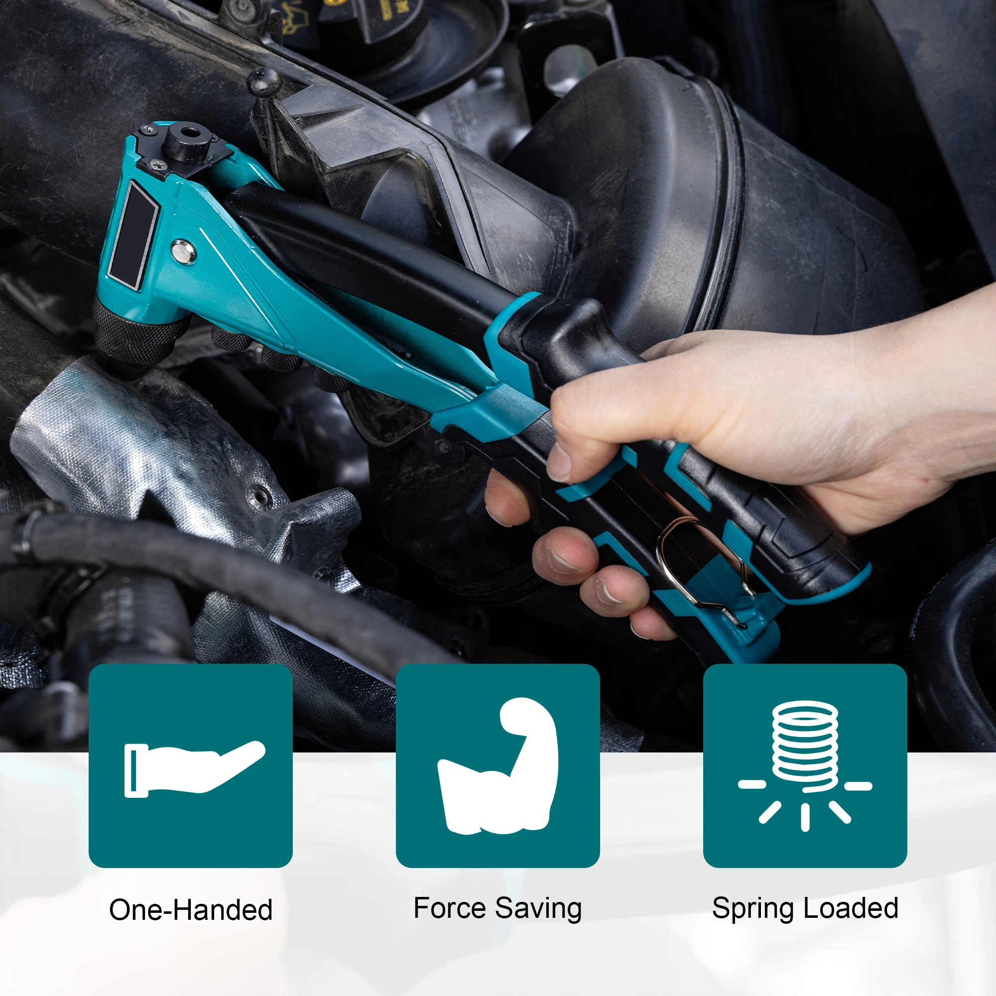 Professional Heavy-Duty Rivet Gun, One-Handed Pop Rivet Gun Set Robust Riveter with Shaft Container, Manual Riveting Tool, Tool-Free Interchangeable Heads, for Metal, Wood, and Plastic - view 3