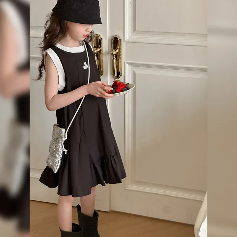 Girls Skirts 2024 Summer New Childrens Clothes Girls Baby Stylish Irregular Senior Hepburn Style Dress Casual Simple Daily