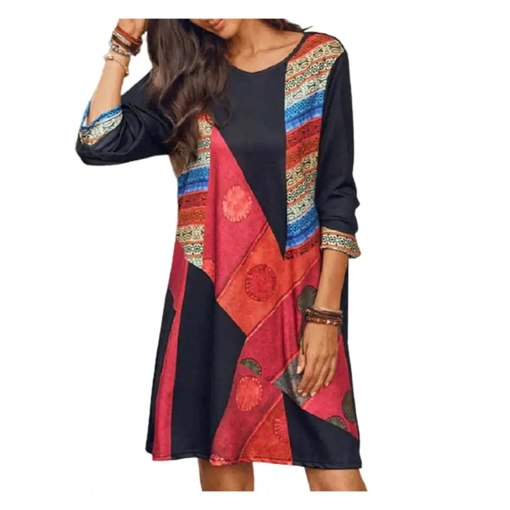 

Colorblock Dress Vintage Ethnic Style Midi Dress with Hollow Out Colorblock Patchwork Long Sleeves for Summer Lady Summer Retro