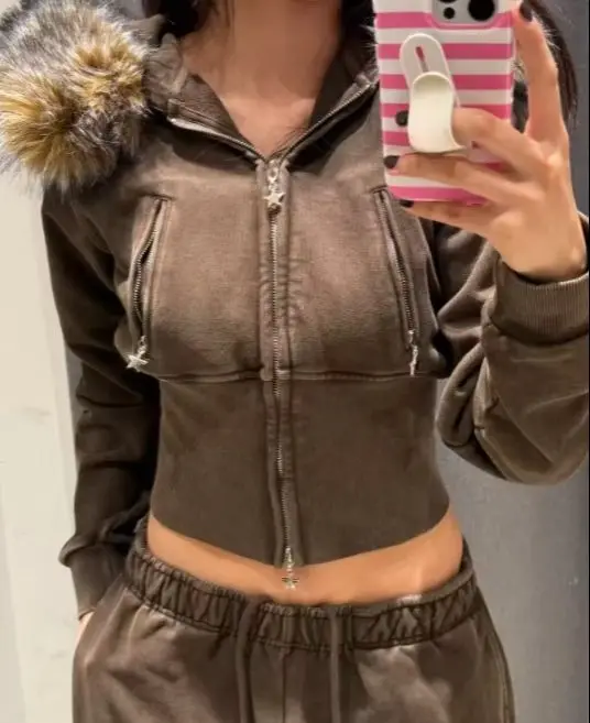 2026 Autumn Vintage Faux Fur Wool Jacket Women Korean Fashion Khaki Coat Chic Warm Overcoat Y2K  Streetwear Ladies Outerwear