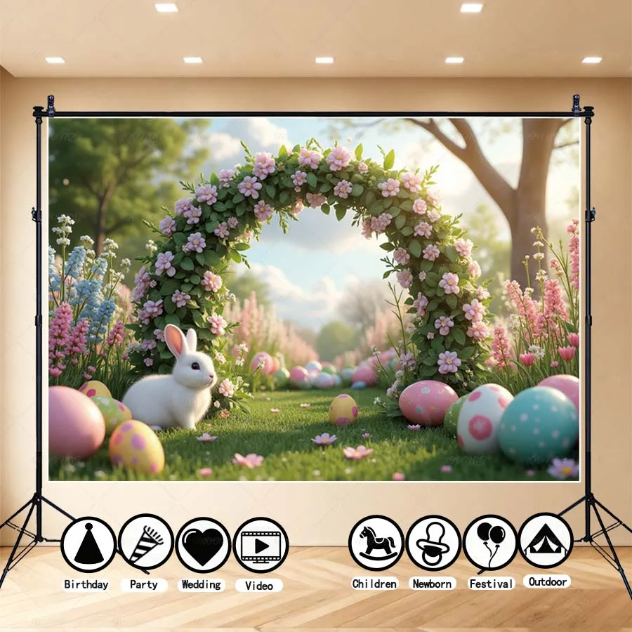 

MOON.QG 2026 Easter Day Floral Fresh Photography Background White Bunny Colorful Polka Dot Egg Photo Backdrop For Wall Hanging