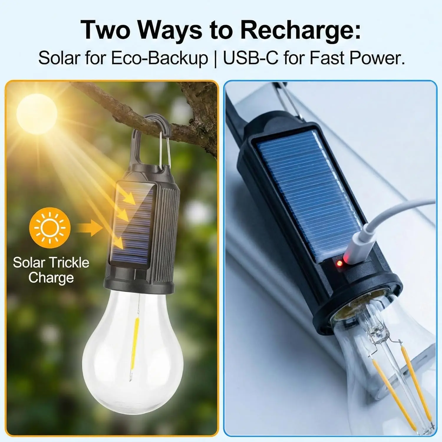 Solar LED Camping Lights Type-C Rechargeable Hanging Tent Light 3 Light Modes Outdoor Camping Lamp Portable Ambient Light Bulbs view 2