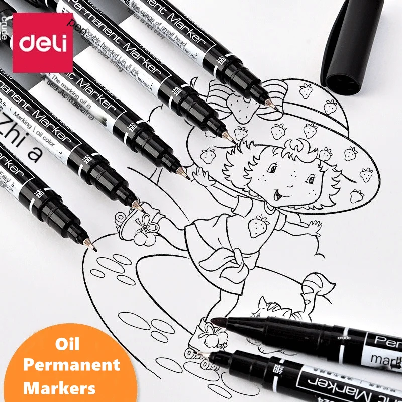 4/6/9 buah Deli spidol permanen berkepala ganda Set pena titik halus tahan air spidol CD Nib tipis 0.5 mm-2 mm warna halus