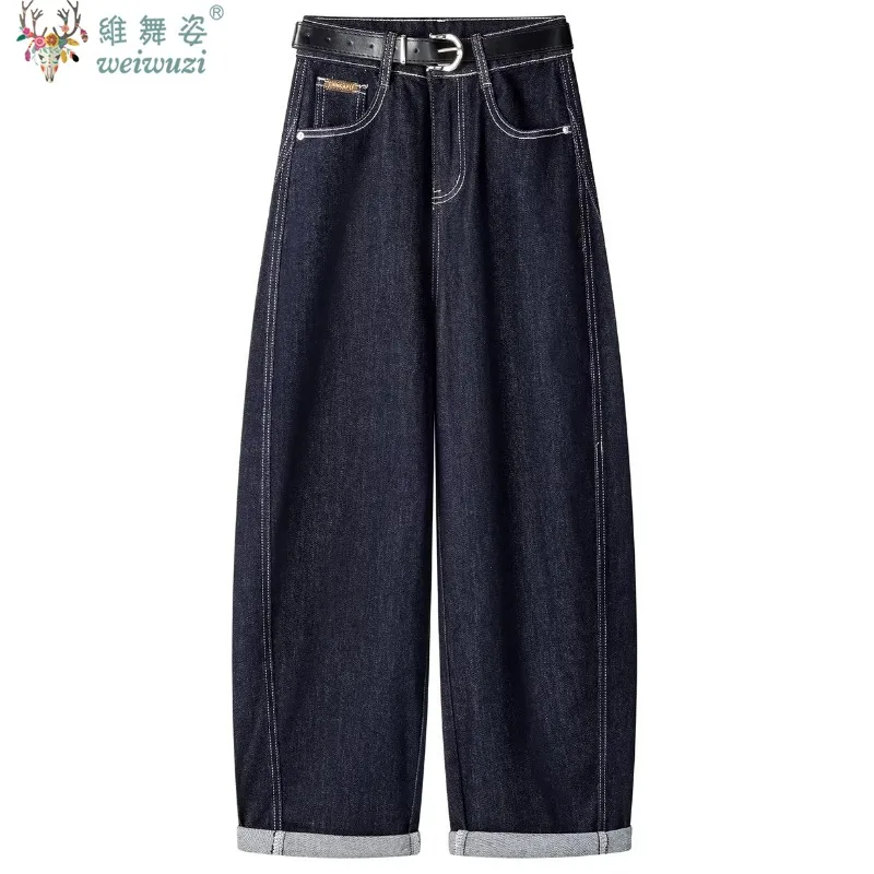 

Ретро женские джинсы с высокой талией, широкими штанинами, универсальные, для повседневной носки, в уличном стиле, модный дизайн, облегающие брюки-сабля, элегантные, осенние, свободного кроя