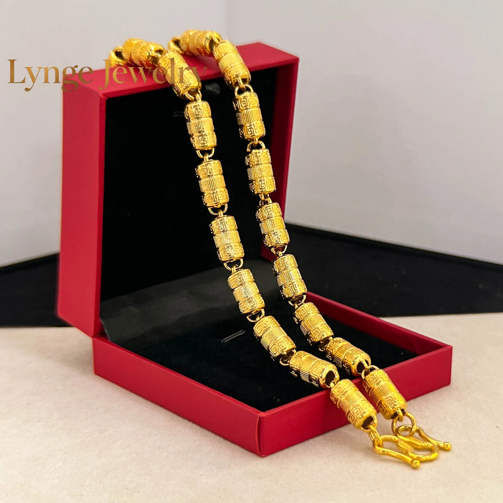 

Lynge Jewelry 9999 Pure Gold Men's Great Wall Pattern Cylinder Necklace 24K Real Gold Personalized Trendy Classic Cylindrical Ch