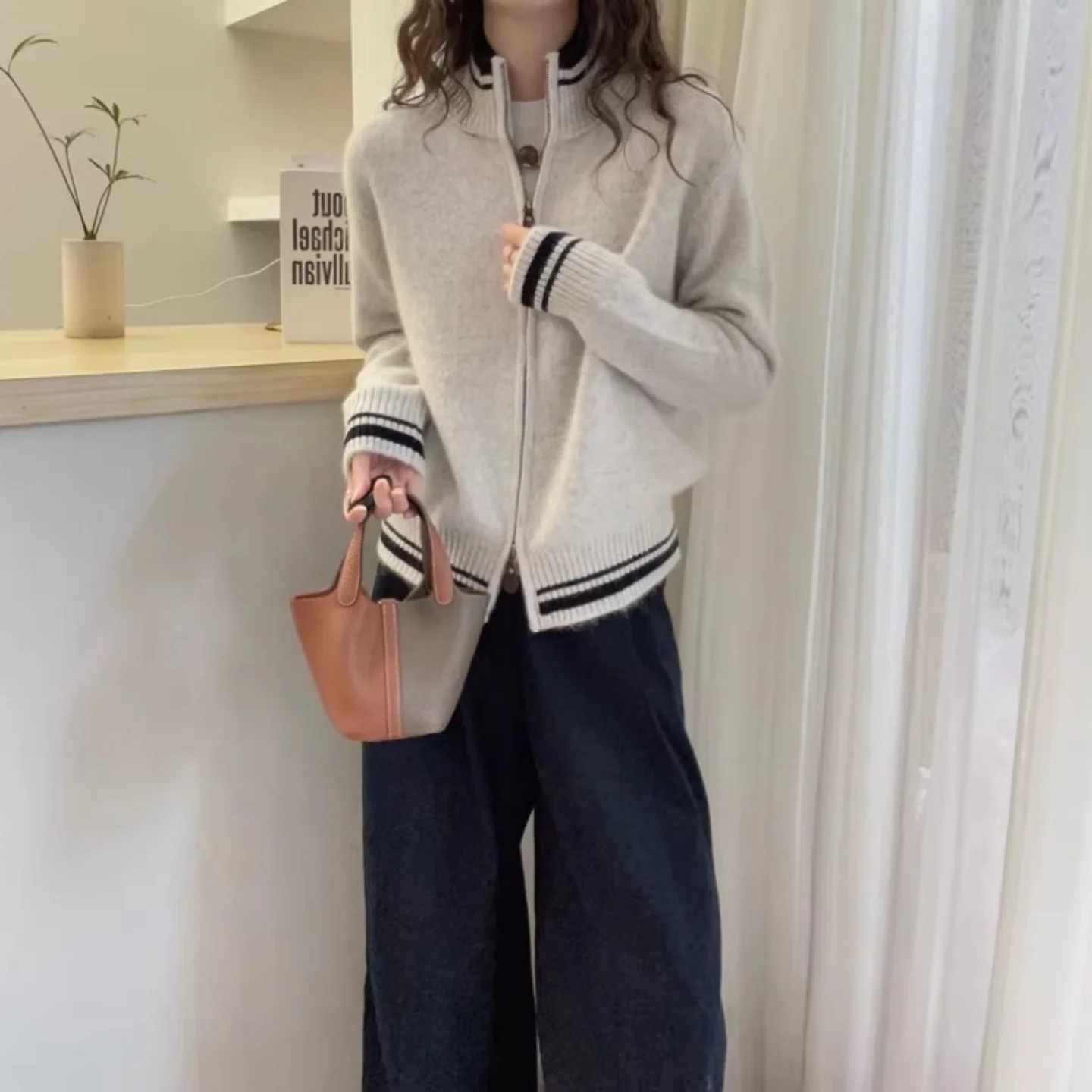 New 100% Australian wool knitted women's cardigan semi high neck sweater color blocked versatile autumn and winter long sleeved