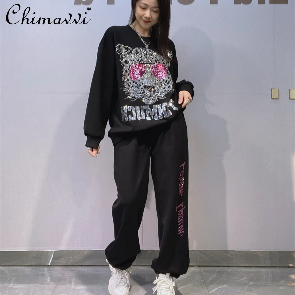 

Новый весенний пуловер со стразами и круглым вырезом, толстовка большего размера, женская повседневная спортивная одежда, брюки с длинными рукавами, комплект из 2 предметов