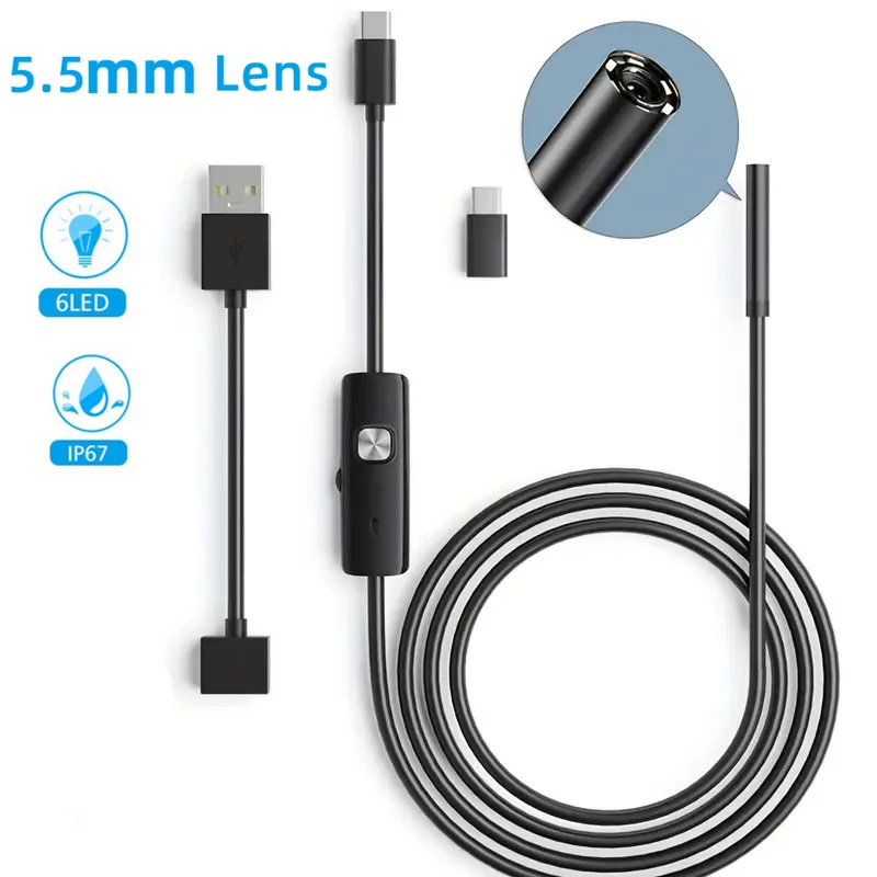 5.5mm Sewer Industrial Endoscope Piping  Endoscopy Type C Flexible Snake mini Camera 3 in 1 Automotive Borescope for Android