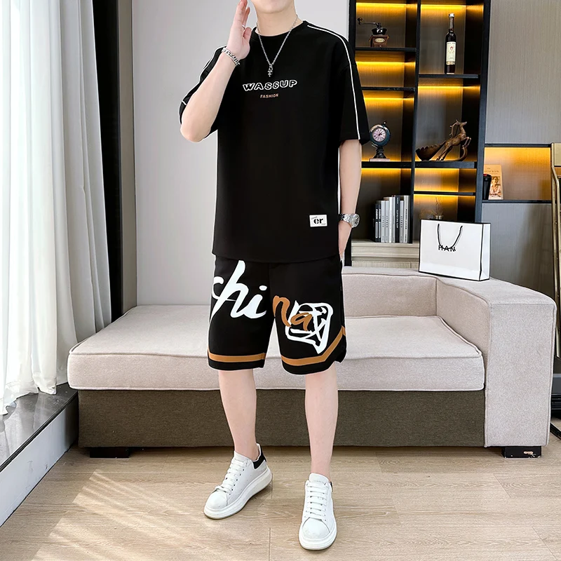 2024 Summer Men Sets Fashion Casual Short sleeves T-shirt Tracksuit 2 Piece Running Sweatshirts + Sports Shorts Set