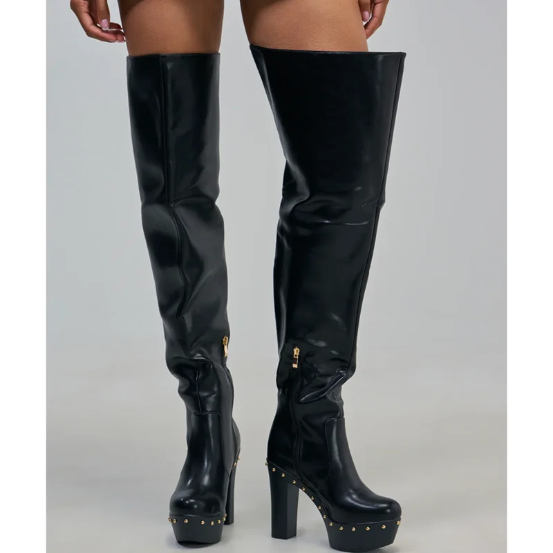Metal Rivet Platfrom Over The Knee Boots Sexy Pointed Toe Square Heels Leather Customized New Arrivlas Fashion Women Boots