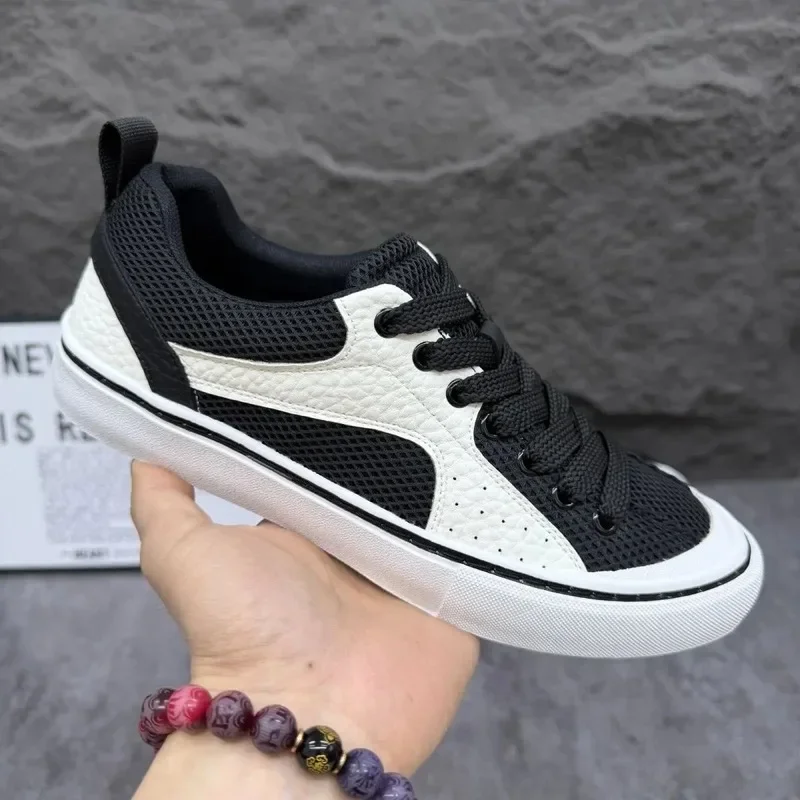 Men Sneakers Spring Breathable Mesh Casual Board Shoes Textured Synthetic Splicing Lace Up Flat Light Footwear Running Shoes