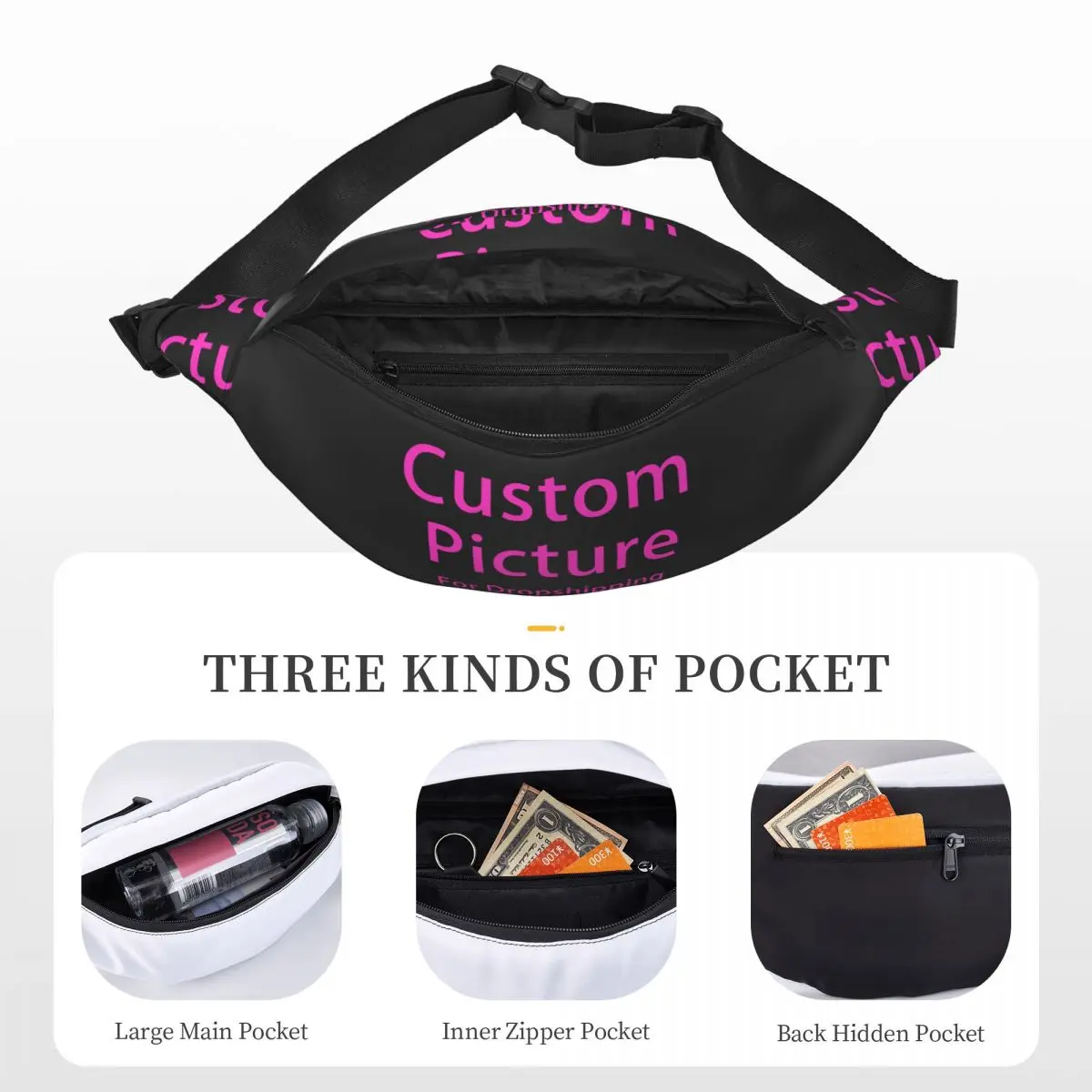 Foto personalizada personalizada logotipo Fanny Bag, Personalizado DIY Print Sling, Crossbody Waist Pack, Bolsa de dinheiro para caminhadas telefone