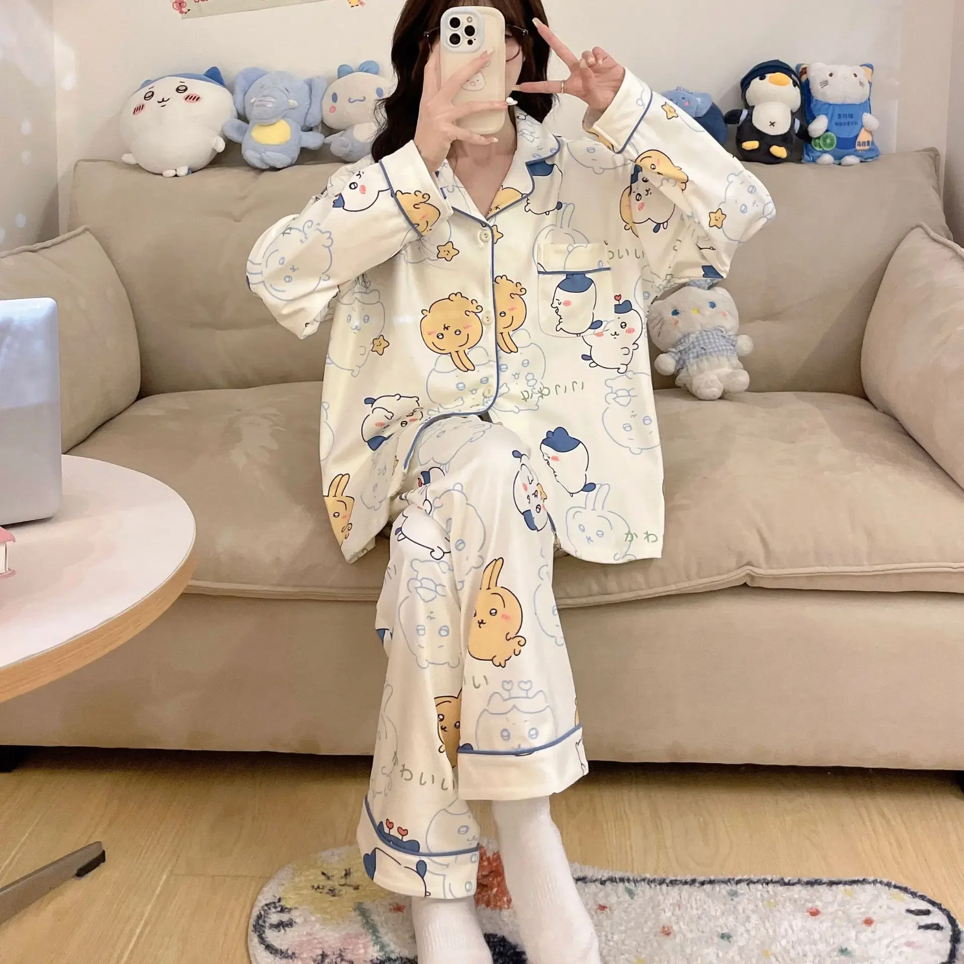 

New Sweet Cute Chiikawa Anime Women Pajamas Cartoon Printed Long-sleeved Pants Two-piece Spring Autumn Loose Casual Homewear Set