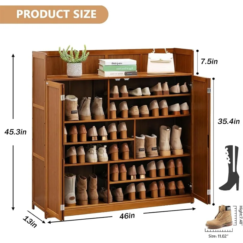 Bamboo Shoe Storage Cabinet with Doors, 7 Tier Freestanding Shoes Heels Sneakers Shoe Rack Shelf for 36-40 Pairs