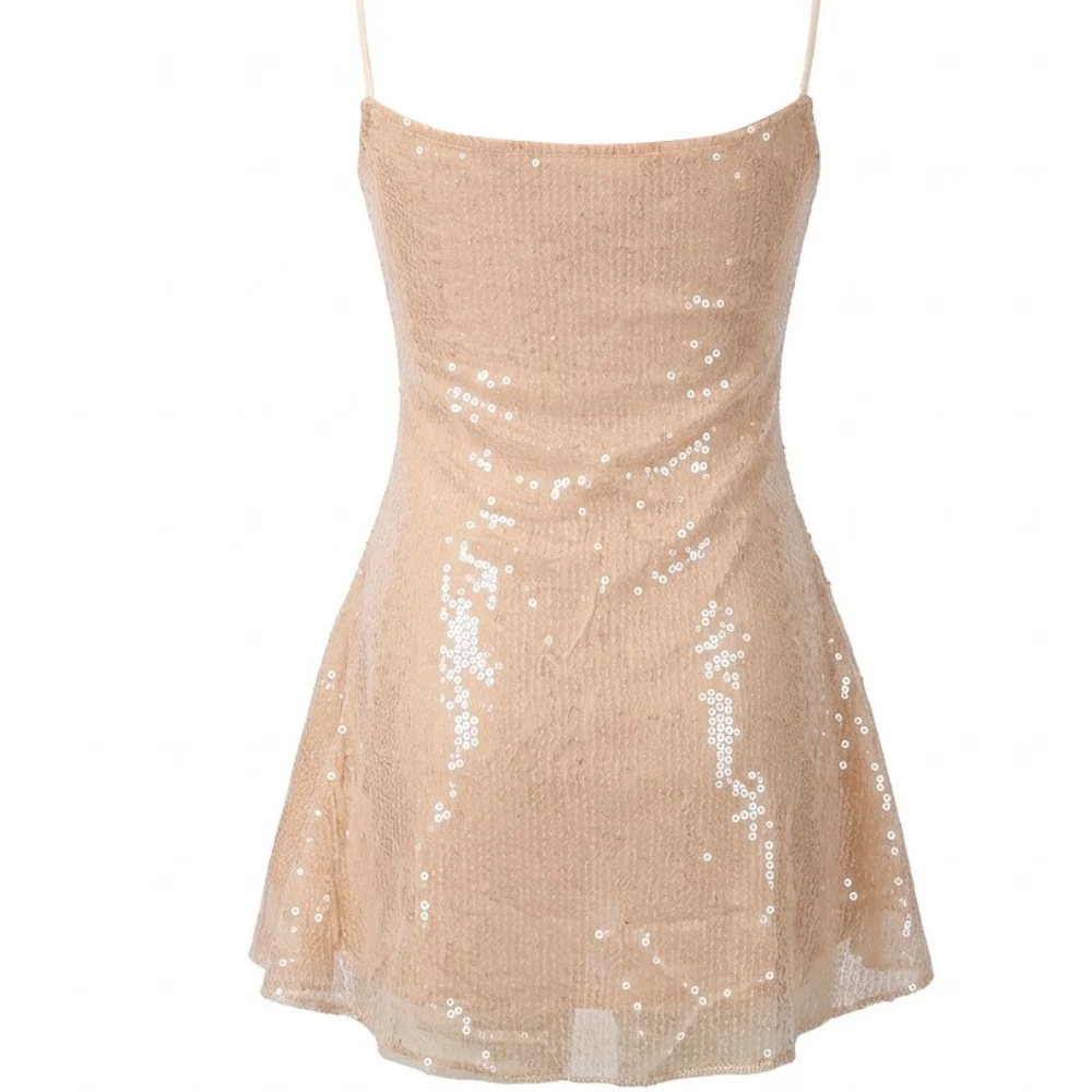 Women Sequin Slip Mini Dress Spaghetti Straps Simple Elegant A Line Party Dress