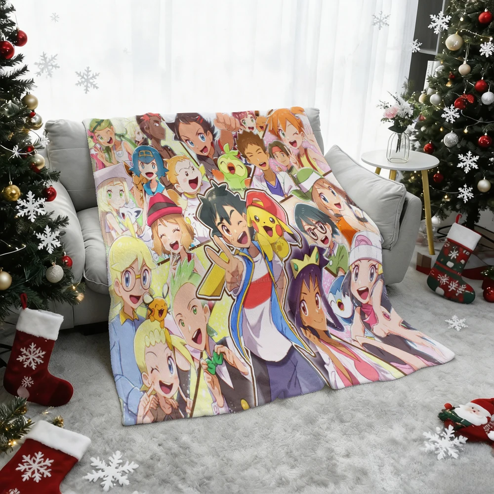 Pokemon Ash Ketchum Pikachu Misty Serena Lillie Flannel Throw Blanket Soft Warm Lightweight Blanket for Sofa Bed Anime Gift