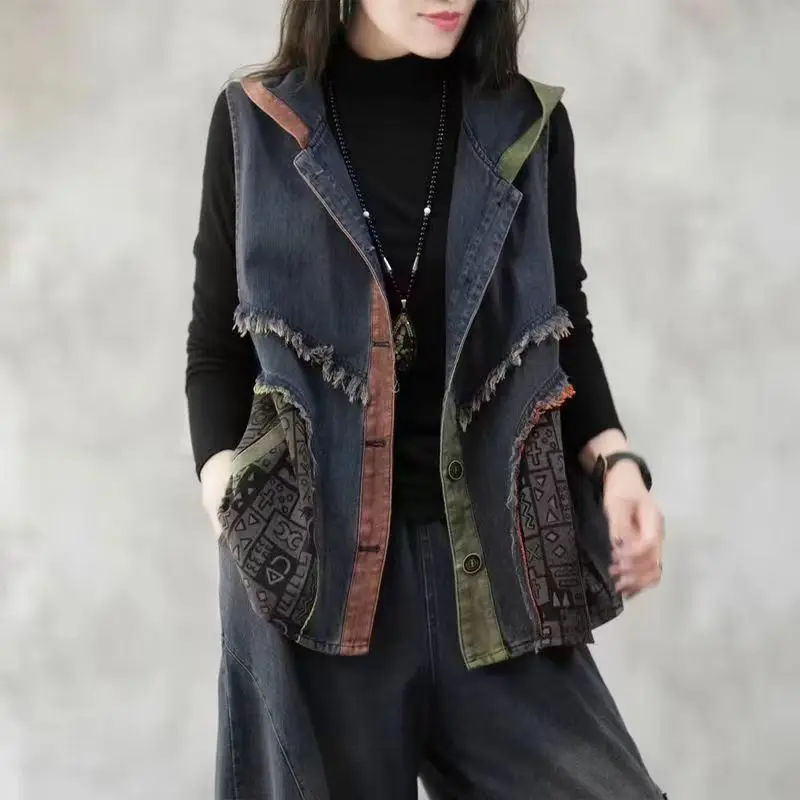 

Loose Denim Vest Women Tank Top Hooded Patchwork Frayed Edges Casual Waistcoat Vintage Single-breasted Top Sleeveless Cardigan