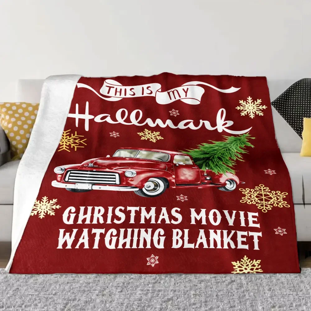 Christmas Movie Watching Blanket - Festive Red Background with Snowflakes, Stars, Vintage Red Pickup Truck & Christmas Tree Prin
