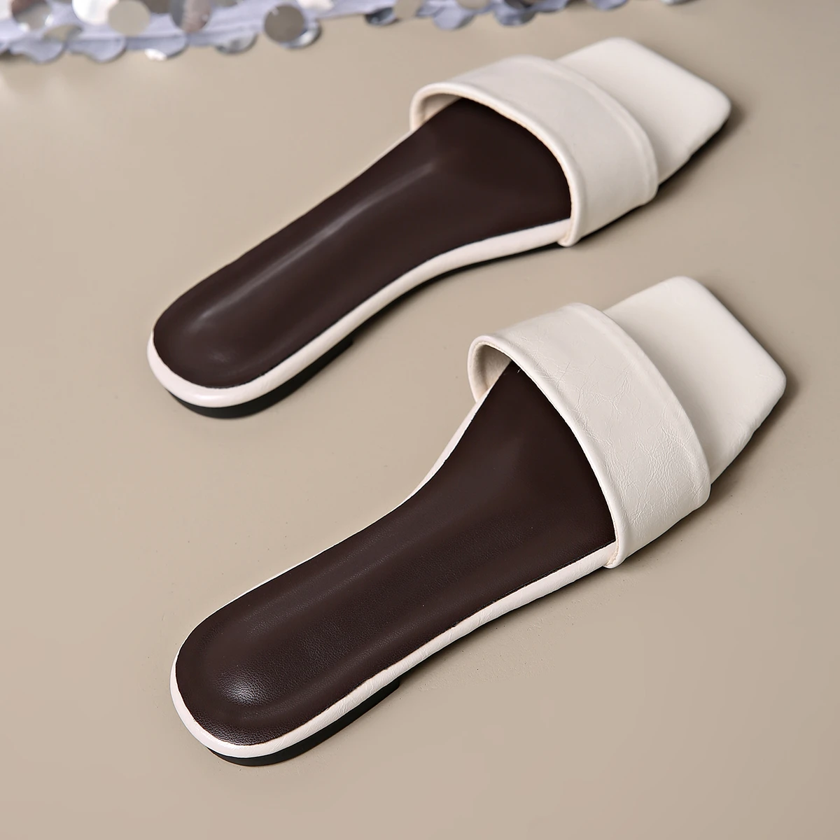 New Women Casual Sandals Nordic Slides Shoes Lady Minimalism Leather Mules Flat Clogs Summer Square Peep Toe Slippers Pumps