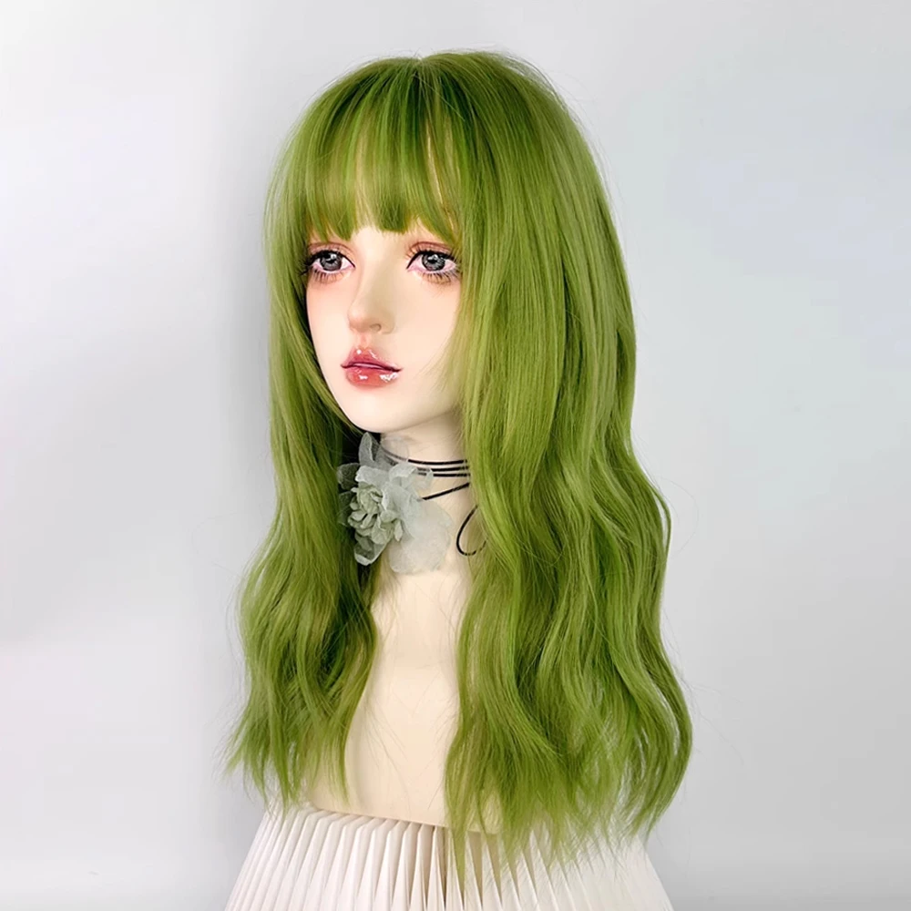 VICWIG Synthetic Long Green Wavy Curly Wigs with Bangs Lolita Cosplay Fluffy Women Natural Hair Wig for Daily Party