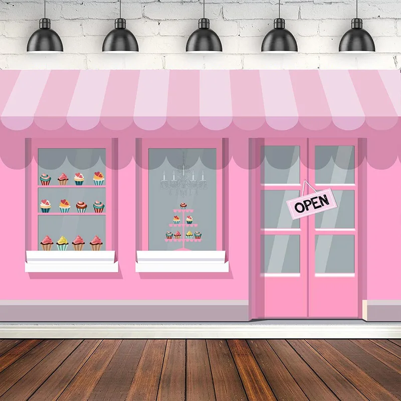 Cute Pink Ice Cream Parlor Photography Backdrops Kids Girl Birthday Party Background Door Window Candy Cake Table Decor Supplies