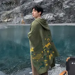 Hooded Capes for Men Christmas Deerlet Gift Poncho Men Warm Cashmere Blend Shawl Tassels Jacket Casual Outwear Pashmina