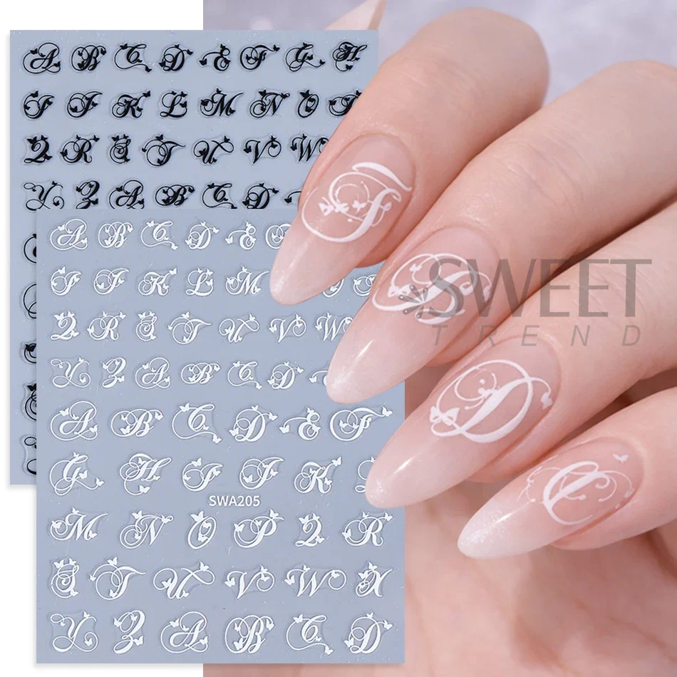4pcs Gothic Letter Nail Sticker Y2K Cool Design Black White English Alphabet Adhesive Nail Decal DIY Manicure Decoration Sliders 2
