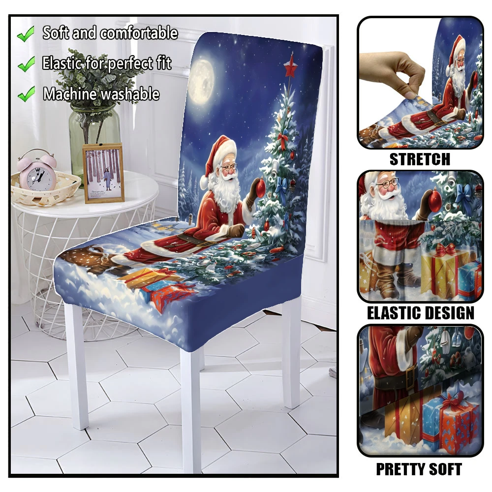 Starry Night Moon Santa Claus Sleigh Gift Box Christmas Tree Full Print Dining Chair Slipcover Stretch Xmas Chair Cover