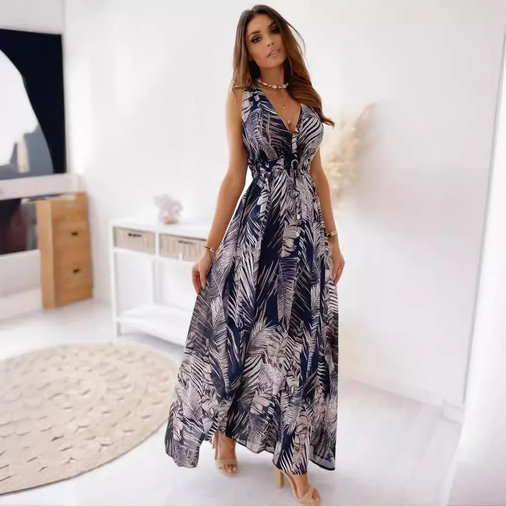 Women Feather Floral Print Loose Boho Maxi Long Dress Summer Deep V Neck Backless Bandage Beachwear Sundress TCFS-1063